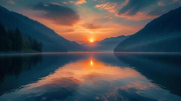 AI generated A breathtaking sunrise over the serene waters of a tranquil mountain lake photo