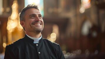 AI generated A clergyman's uplifting smile, resonating with the spiritual harmony of the sacred place photo