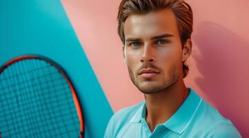 ai generado un hombre es posando con un tenis raqueta en frente de multi de colores antecedentes foto