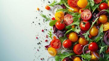 ai generado un vistoso ensalada muy lleno con frescura, promoviendo nutritivo dietético opciones foto