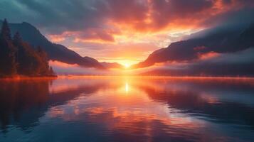 AI generated A breathtaking sunrise over the serene waters of a tranquil mountain lake photo