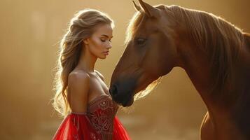 AI generated A graceful woman in a flowing dress, gently caressing the mane of her majestic steed photo