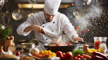 AI generated A detailed capture of a chef passionately cooking, with ingredients and kitchen utensils in motion photo