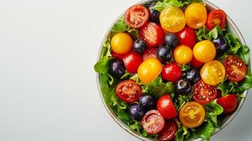 ai generado un vistoso ensalada muy lleno con frescura, promoviendo nutritivo dietético opciones foto