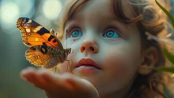 ai generado un niño ojos amplio con preguntarse a un mariposa aterrizaje en su mano foto