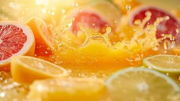 ai generado un Estallar de agrios colores y salpicaduras, capturar el esencia de refrescante Fruta jugos foto