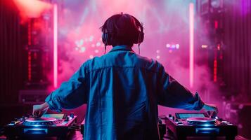 AI generated Back view of a DJ mixing tracks with headphones on at a neon-lit club party photo