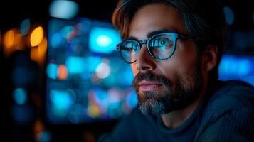 ai generado hombre vistiendo lentes enfocado en trabajo en un azul iluminado tecnológico ambiente. foto