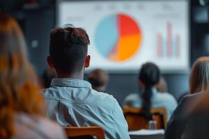 AI generated Back view of attendees concentrating on a pie chart during a business presentation photo