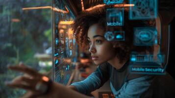 AI generated Young female technician intently monitors data on a futuristic holographic display interface. photo