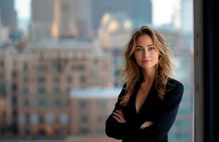 AI generated Elegant young woman in business attire confidently standing with a cityscape behind her. photo