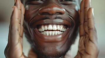 ai generado un de cerca retrato de un alegre africano hombre sonriente con manos cerca rostro. foto