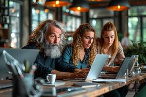 AI generated Diverse group collaborates on project in a vibrant cafe setting. Creative Team Working photo