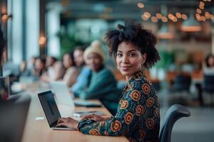 AI generated Confident young woman focuses on laptop in a contemporary workspace photo