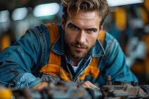 AI generated Concentrated male mechanic examines machine components in a well-equipped workshop. photo