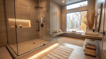 AI generated A tranquil bathroom featuring a frameless glass shower, pebble flooring photo