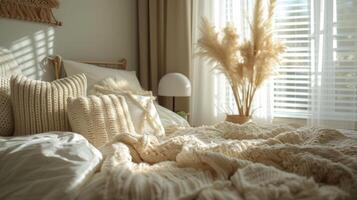 AI generated A cozy bedroom scene with soft furnishings and textiles, marketing a furniture brand photo