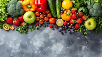 ai generado un mezcla de vibrante frutas y verduras, promoviendo un equilibrado dieta foto