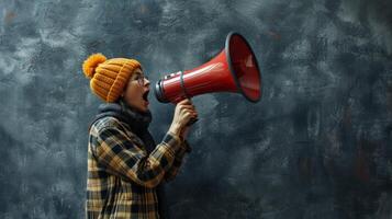 AI generated A dynamic shot of a Megaphone user, their voice cutting through the noise with purpose photo