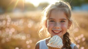 ai generado un niña con un hielo crema cono, su radiante sonrisa haciendo el Disparo incluso mas dulce foto