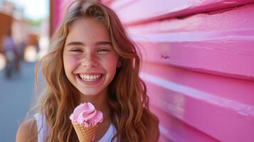 AI generated A delighted girl with a scoop of ice cream, her infectious smile lighting up the frame photo