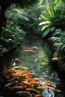 AI generated A tranquil garden with koi fish swimming gracefully in a peaceful pond photo