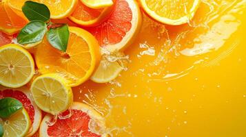 AI generated A burst of citrus colors and splashes, capturing the essence of refreshing fruit juices photo