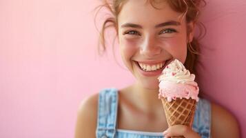 ai generado un niña con un hielo crema cono, su radiante sonrisa haciendo el Disparo incluso mas dulce foto