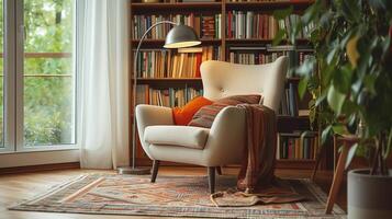 AI generated A cozy reading nook with a mid-century modern chair, floor lamp, and a wall-mounted bookshelf photo