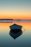 ai generado un solitario barco a la deriva en un sereno, vidrioso lago a el descanso de amanecer foto