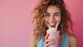 AI generated A delightful lady sipping on a milkshake, her smile contagious photo