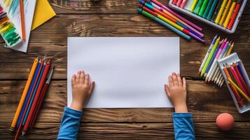 AI generated A Top-Down View of a Child's Hand Resting on a Wooden Table photo