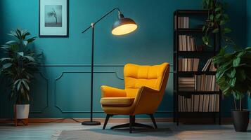 AI generated A cozy reading nook with a mid-century modern chair, floor lamp, and a wall-mounted bookshelf photo