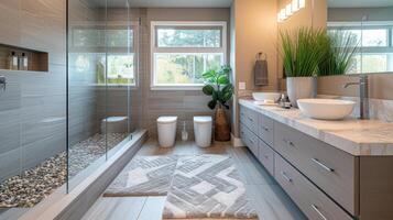 AI generated A tranquil bathroom featuring a frameless glass shower, pebble flooring photo