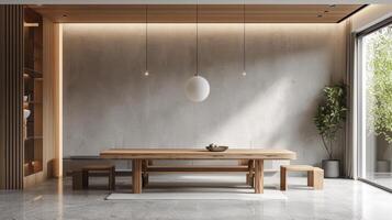 AI generated A minimalist dining room with a simple wooden table and statement pendant light fixture photo