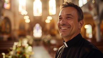 ai generado un del sacerdote sereno sonrisa, capturar el esencia de paz y devoción en el Iglesia foto