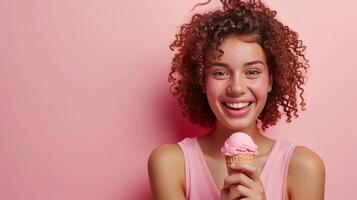 AI generated A joyful woman enjoying her ice cream, her eyes sparkling with delight photo