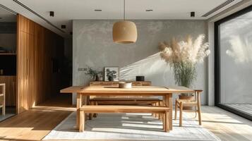 AI generated A minimalist dining room with a simple wooden table and statement pendant light fixture photo