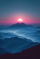 AI generated A minimalistic representation of mountain peaks rising against a minimalist sunrise photo