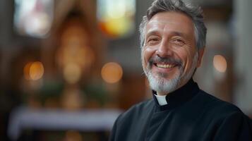 AI generated A smiling clergyman, his kind eyes reflecting serenity and devotion in the sacred setting photo