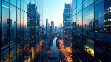 AI generated A modern city skyline at dusk, reflecting the urban hub of financial activity photo