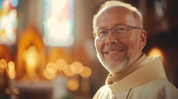 AI generated A priest's serene smile, capturing the essence of peace and devotion in the church photo