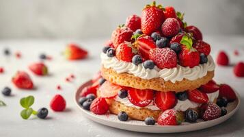 ai generado un Agua en la boca fresa torta de frutas adornado con Fresco bayas, conjunto en contra un limpiar foto