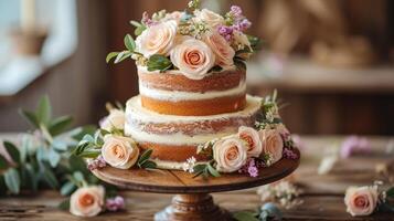 AI generated A stunning naked cake adorned with fresh flowers and greenery, creating a rustic yet elegant look photo