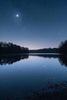 AI generated A serene, minimalistic moonlit night sky over a calm, reflective lake photo