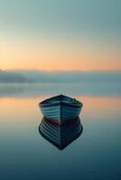 AI generated A lone boat drifting on a serene, glassy lake at the break of dawn photo