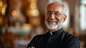 ai generado un del sacerdote sereno sonrisa, capturar el esencia de paz y devoción en el Iglesia foto