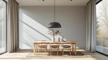 AI generated A minimalist dining room with a simple wooden table and statement pendant light fixture photo