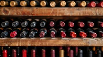 AI generated Cascading wine bottles on wooden shelves, symbolizing wine culture photo