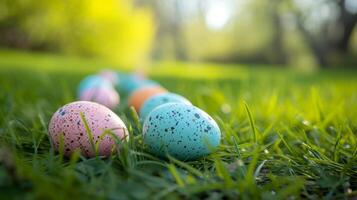 AI generated A trail of pastel-colored eggs leading to a hidden treasure on a grassy meadow photo